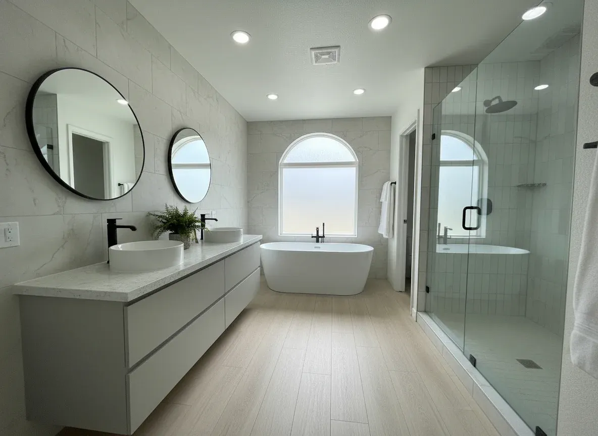 Modern bathroom with two round mirrors above a double sink vanity, a freestanding tub under an arched window, and a glass-enclosed shower. Bright and minimalistic.