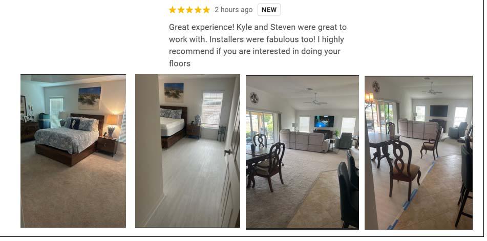 Home screenshot displaying a living room, bedroom, and kitchen layout in Laminate, located in The Villages, FL.