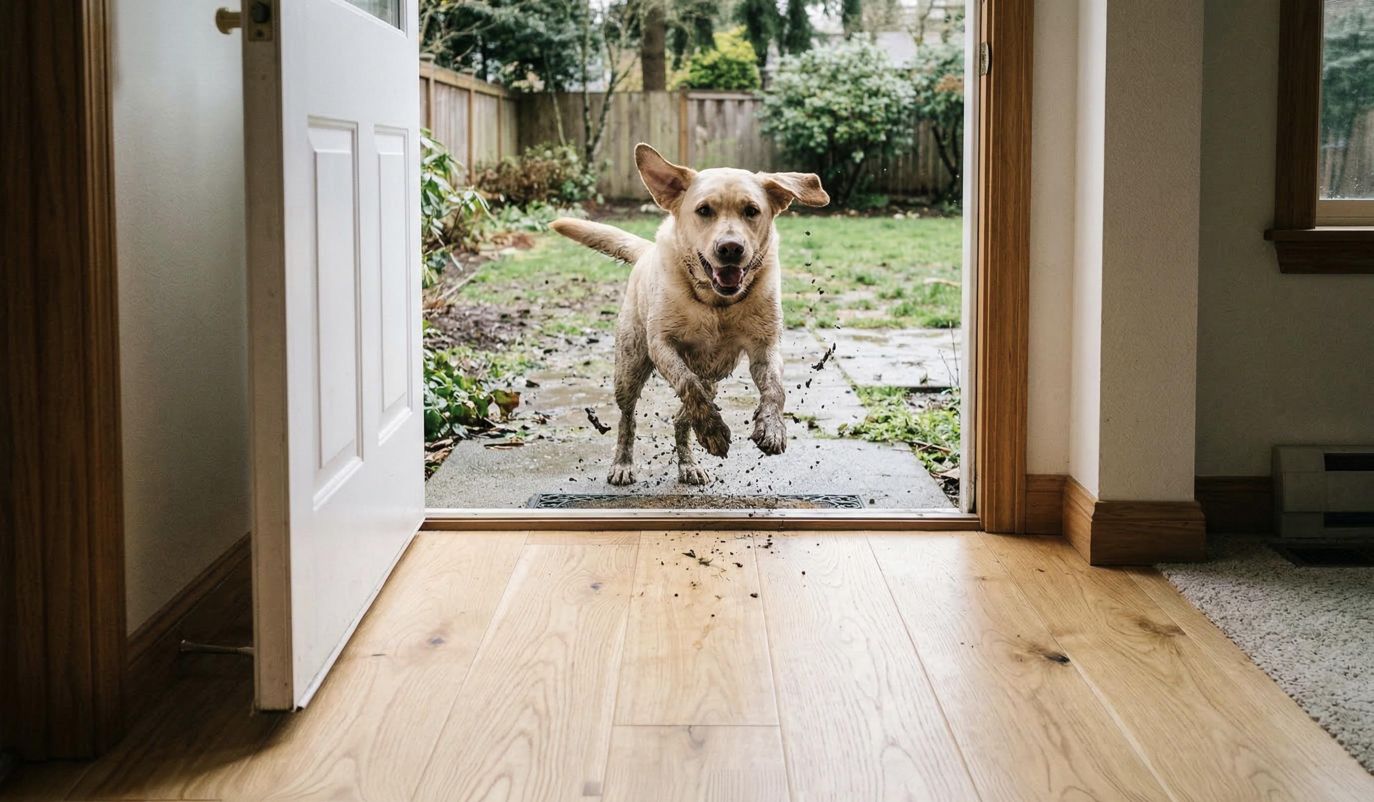 muddy dog running in doorway