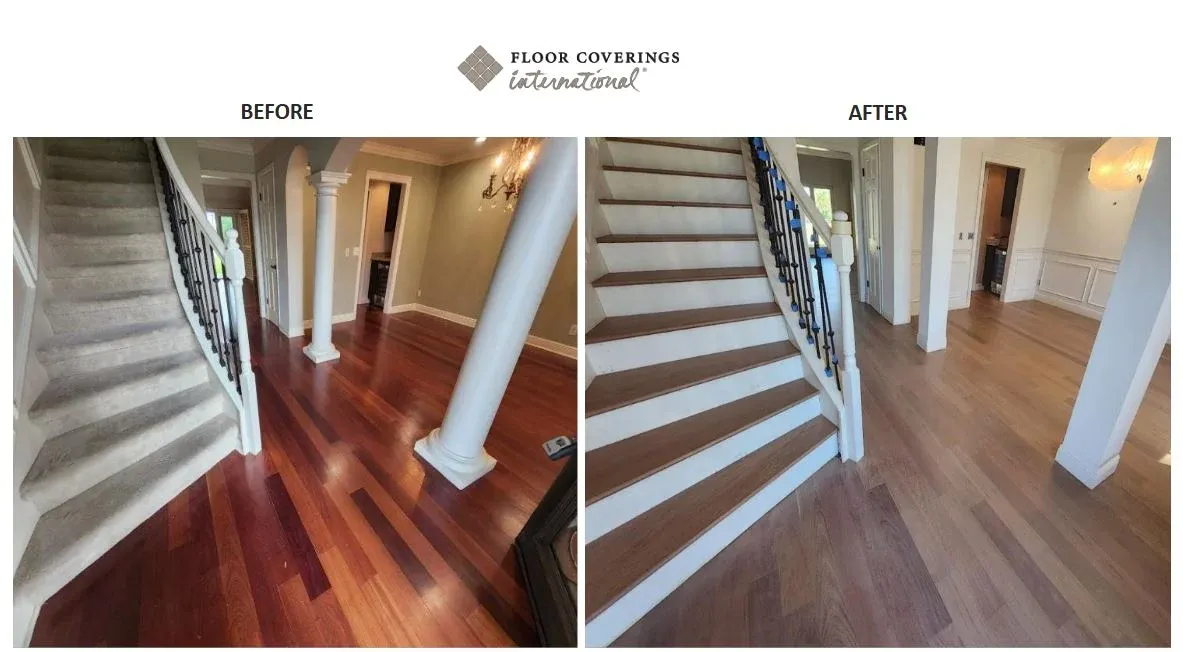 Comparison photos of wood flooring installation, showing the space before and after in Greater Panama City, FL.