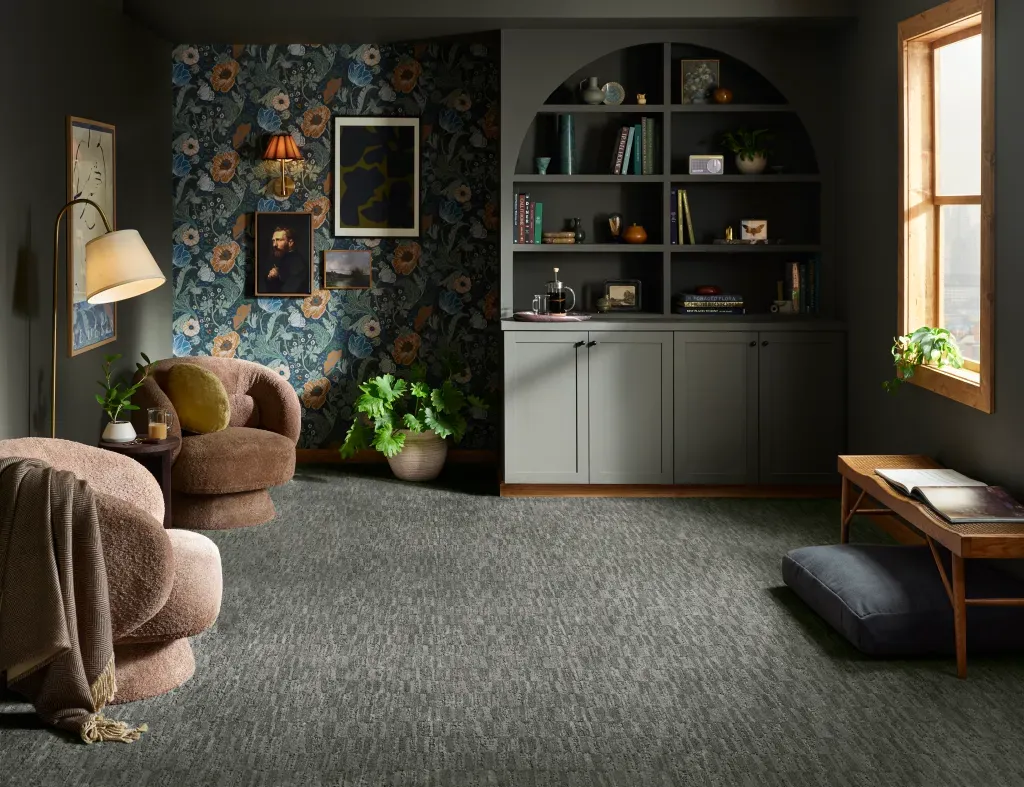 Living room with grey carpet
