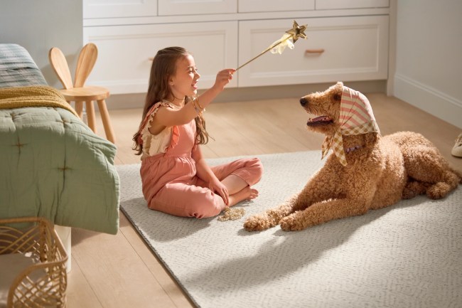 Girl in pink jumper plays with dog and a toy wand. Both sit on a rug atop wide LVP flooring